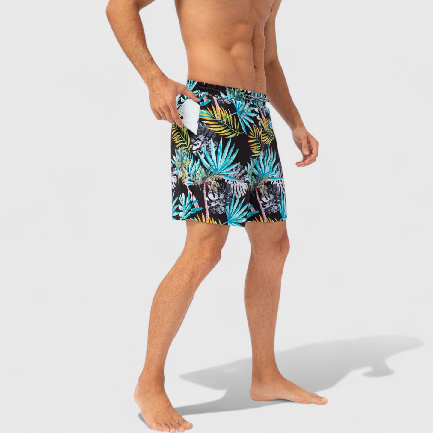 Men's Tropical Print Swim Trunks with Elastic Waistband and Side Pockets