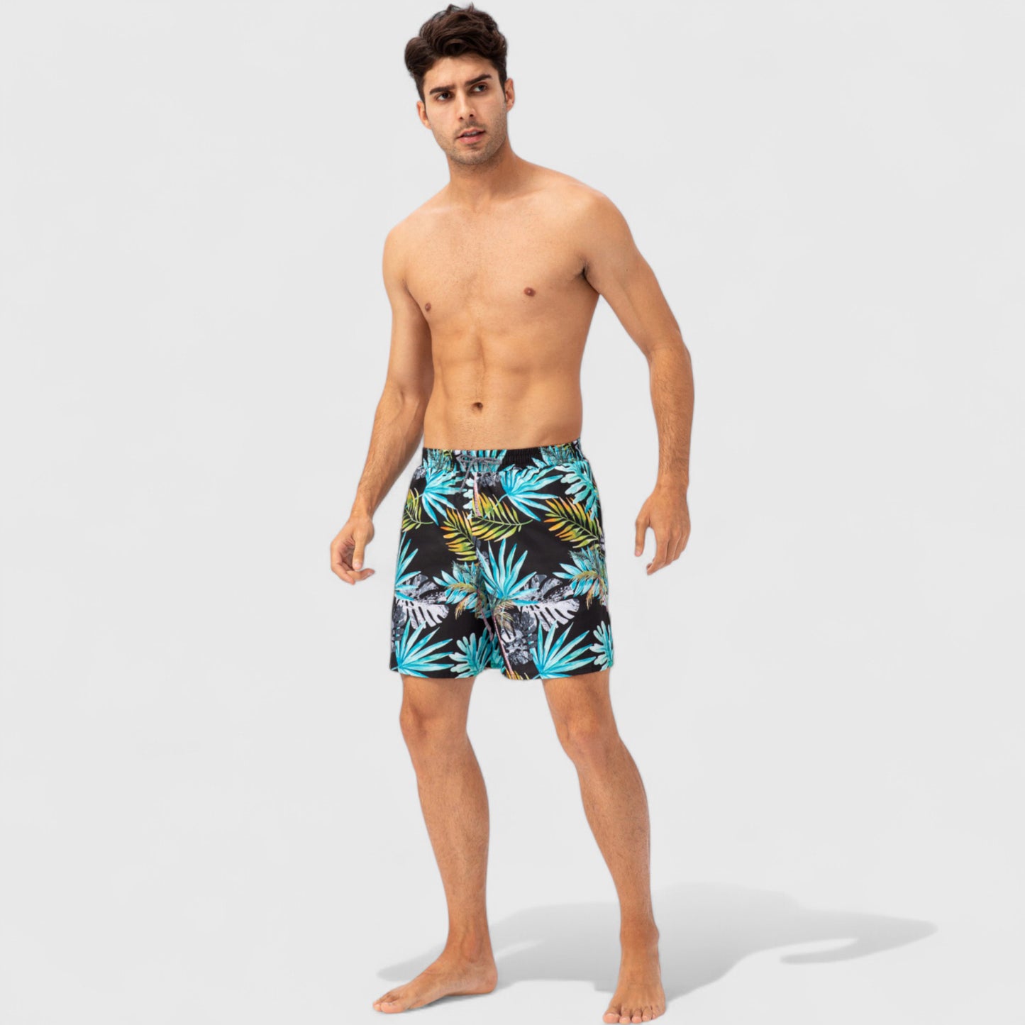 Men's Tropical Print Swim Trunks with Elastic Waistband and Side Pockets