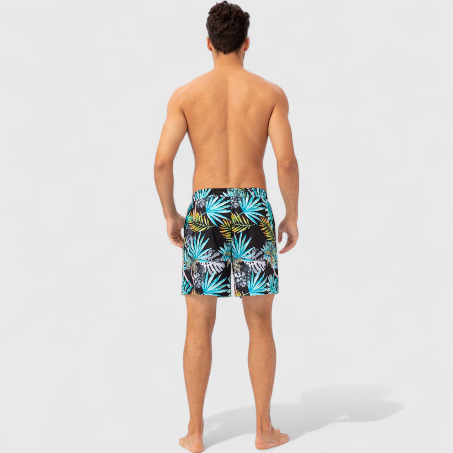 Men's Tropical Print Swim Trunks with Elastic Waistband and Side Pockets