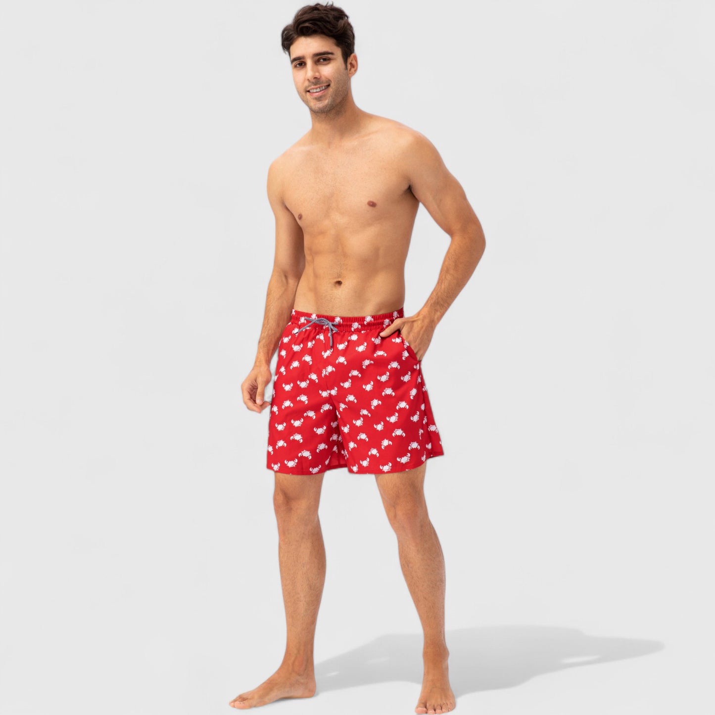 Men's Tropical Print Swim Trunks with Elastic Waistband and Side Pockets