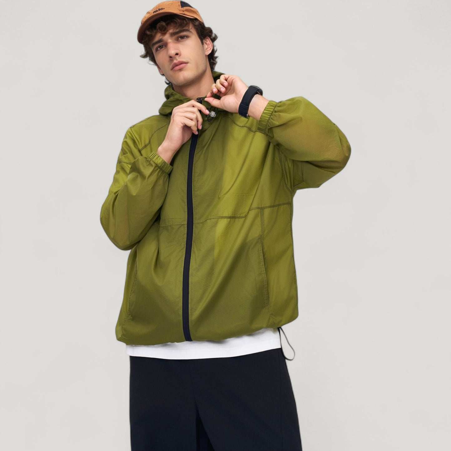 Men's Lightweight Hooded Zip-Up Windbreaker Jacket with Elastic Cuffs