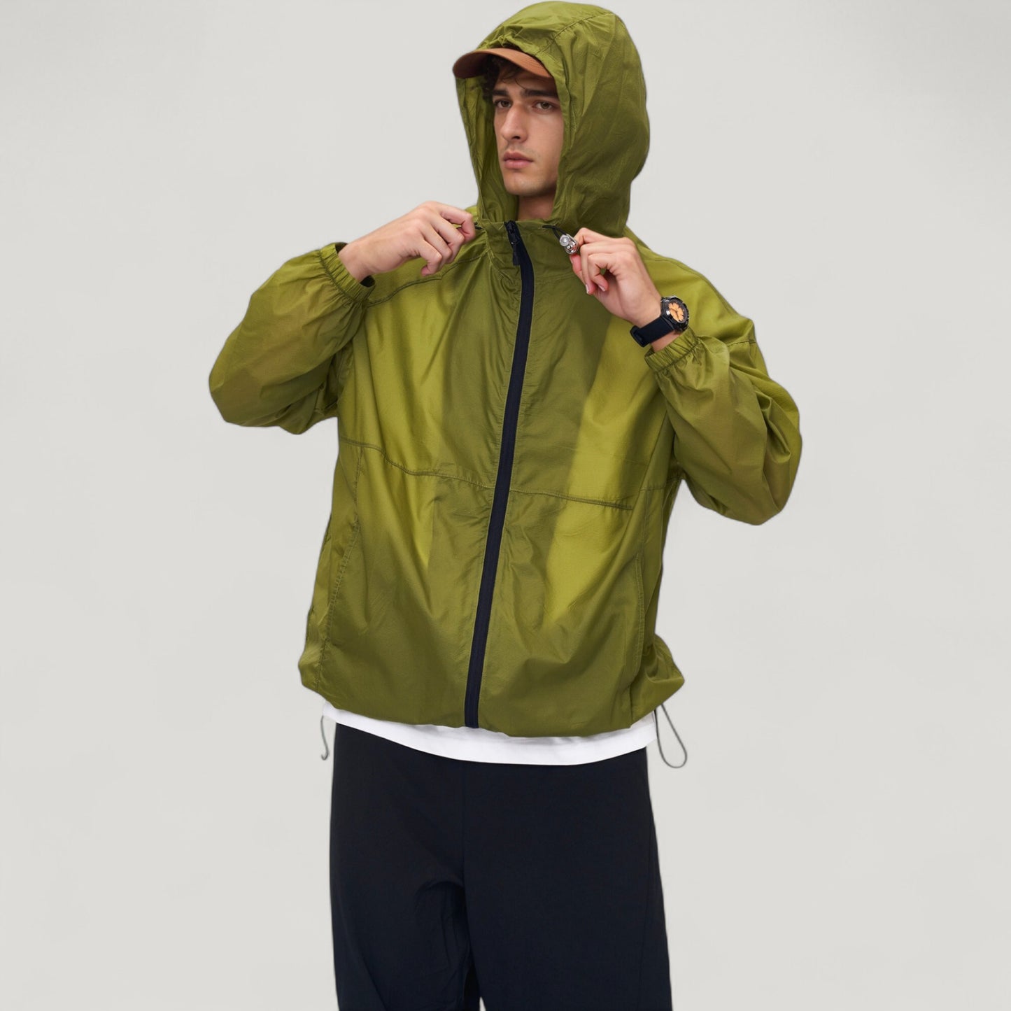 Men's Lightweight Hooded Zip-Up Windbreaker Jacket with Elastic Cuffs
