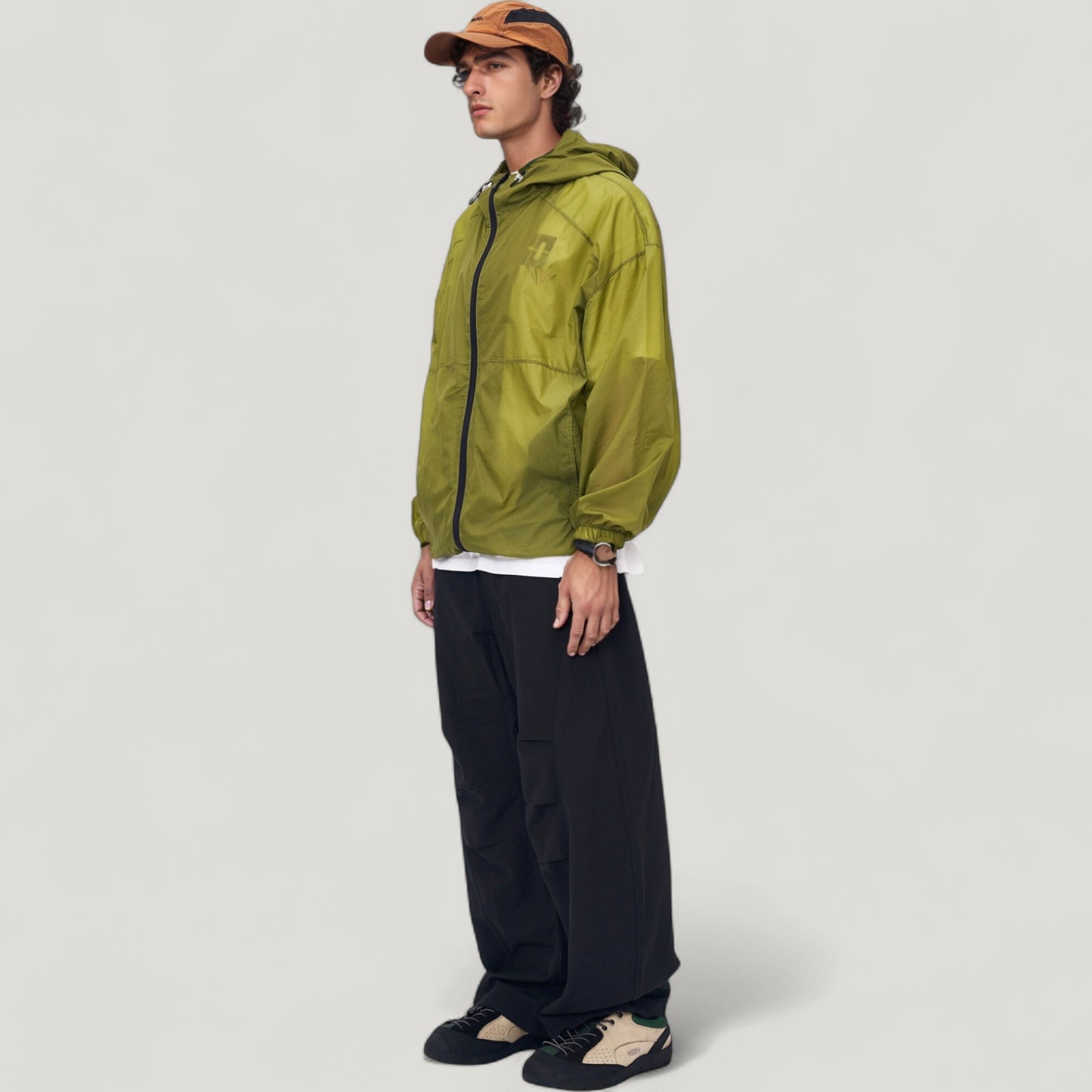 Men's Lightweight Hooded Zip-Up Windbreaker Jacket with Elastic Cuffs
