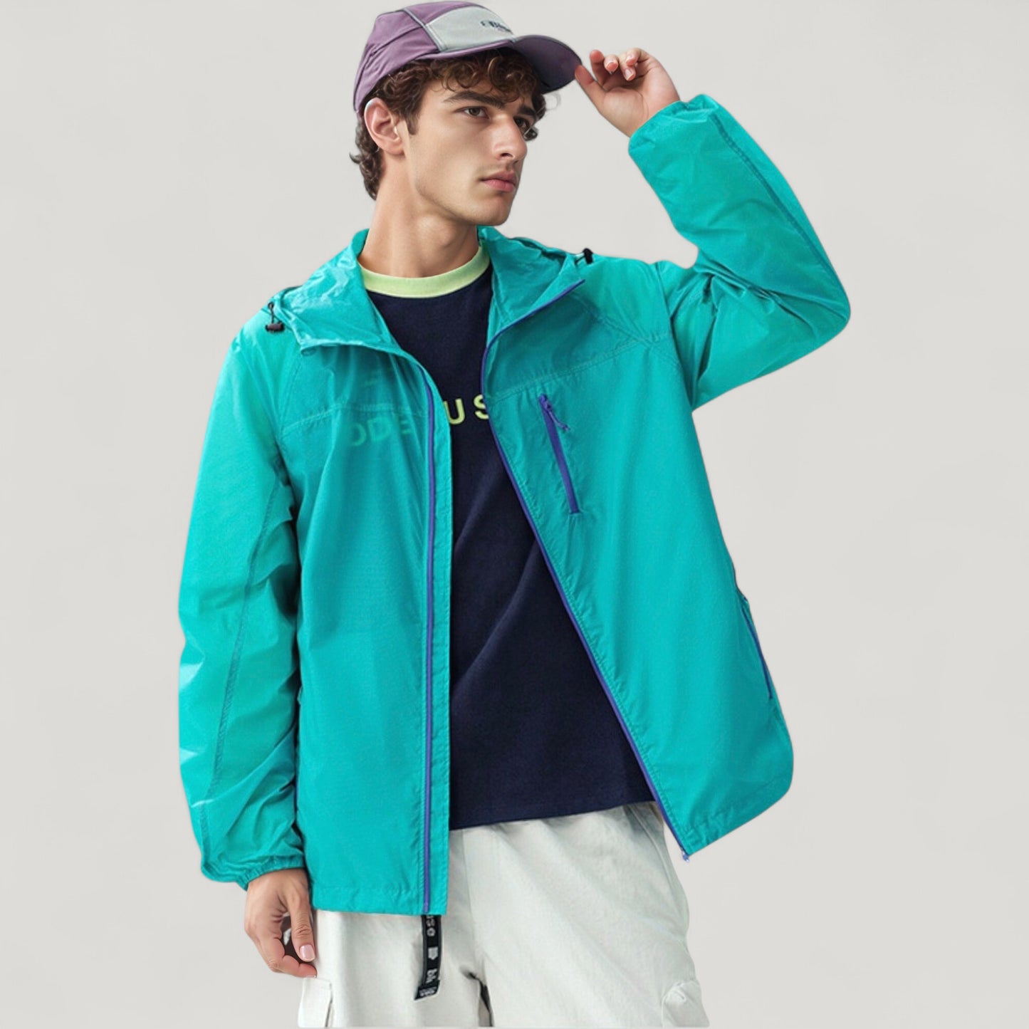 Men's Lightweight Hooded Zip-Up Windbreaker Jacket with Elastic Cuffs