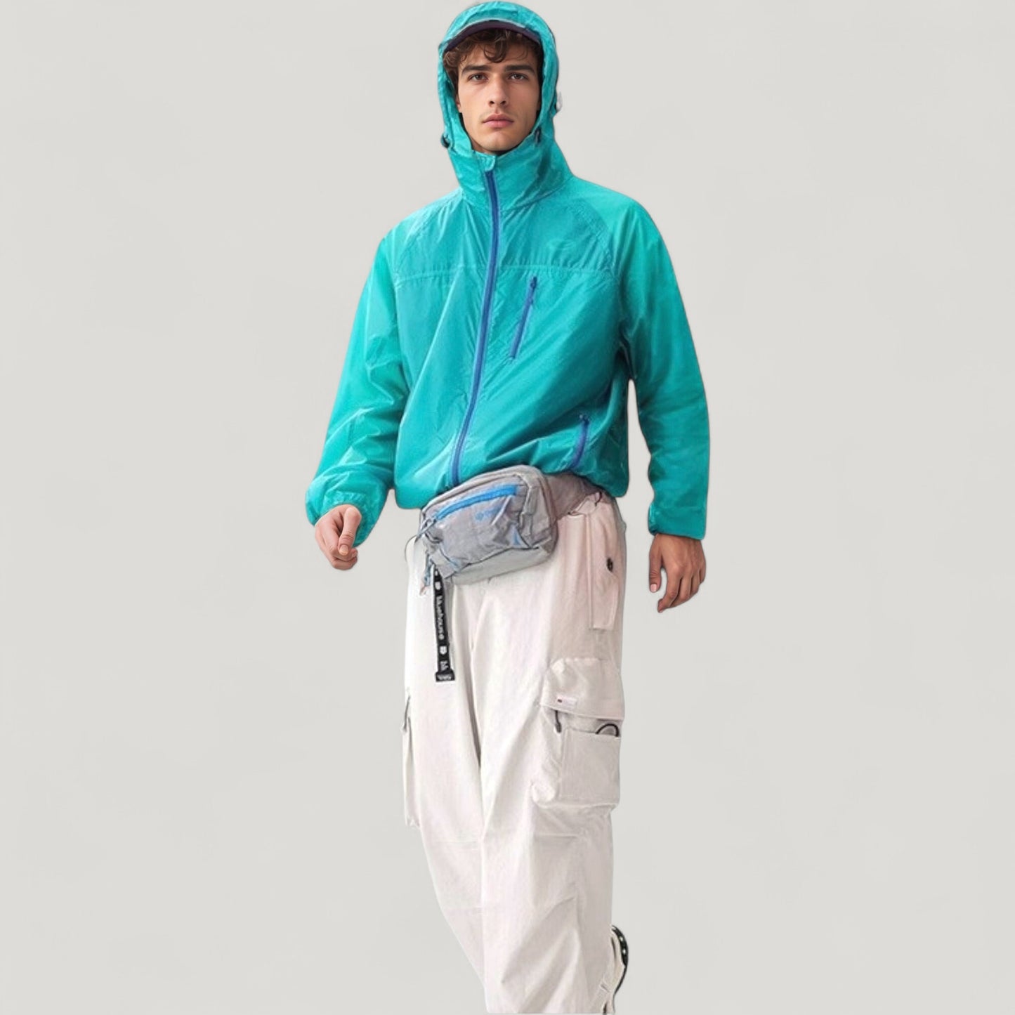 Men's Lightweight Hooded Zip-Up Windbreaker Jacket with Elastic Cuffs