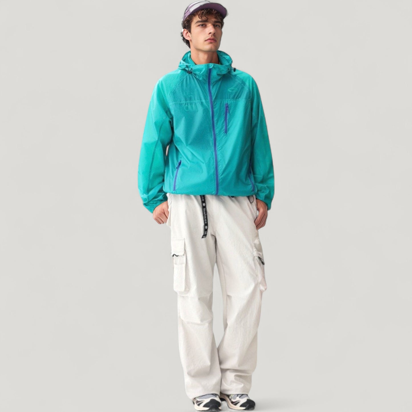 Men's Lightweight Hooded Zip-Up Windbreaker Jacket with Elastic Cuffs