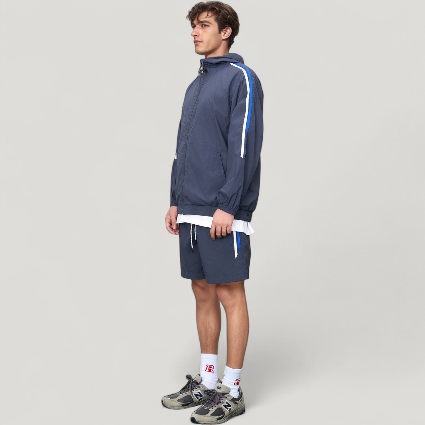 Men's Full Zip Hooded Jacket with Elastic Hem and Contrast Sleeve Stripes