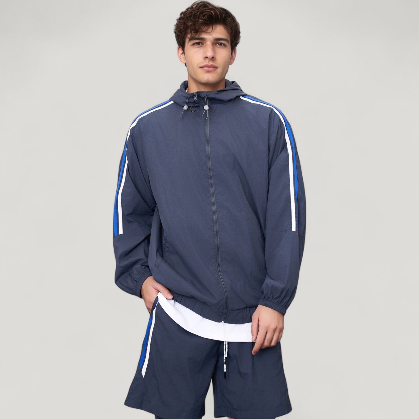 Men's Full Zip Hooded Jacket with Elastic Hem and Contrast Sleeve Stripes
