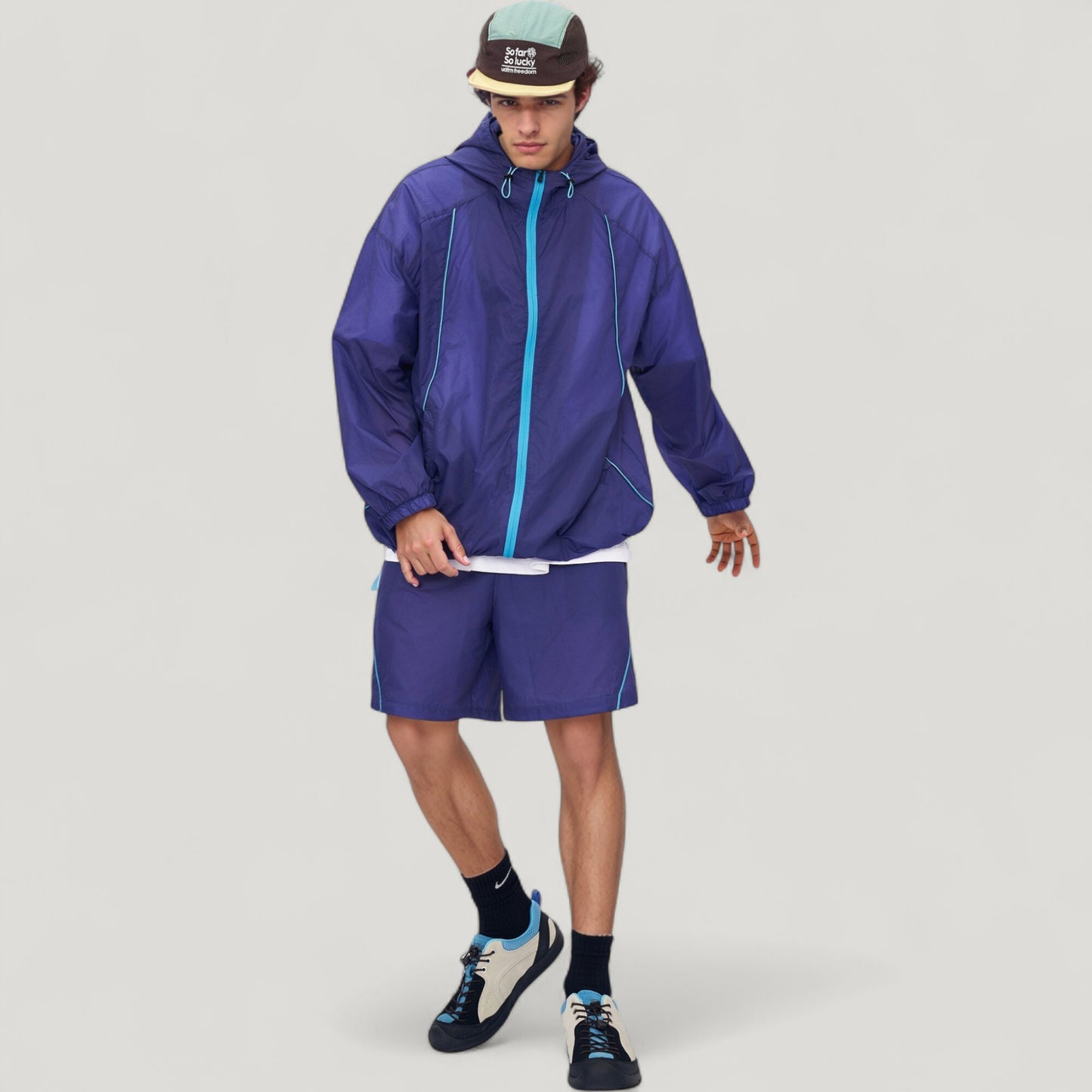 Men's Lightweight Full Zip Hooded Sun Protection Jacket with Contrast Trim and Relaxed Fit