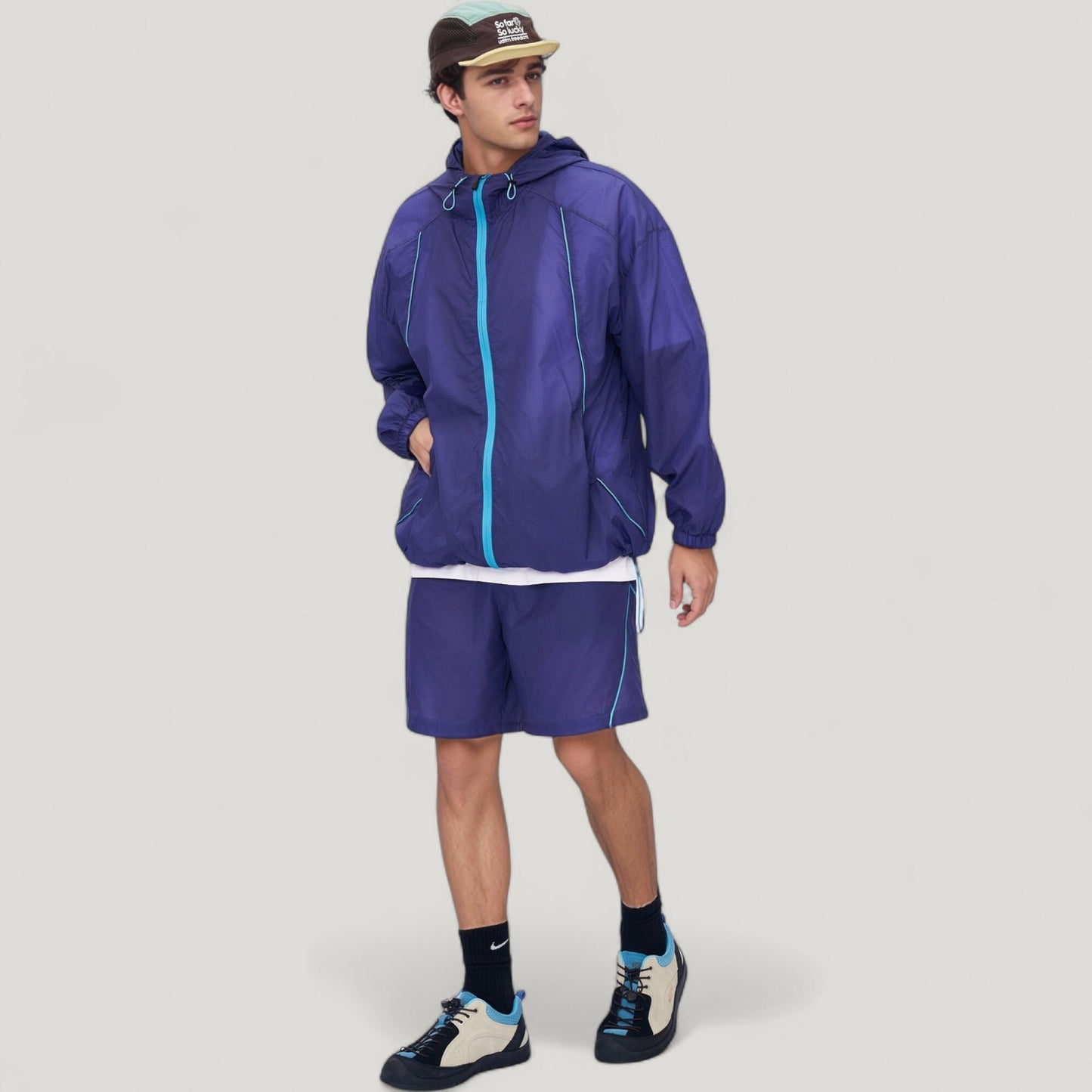 Men's Lightweight Full Zip Hooded Sun Protection Jacket with Contrast Trim and Relaxed Fit