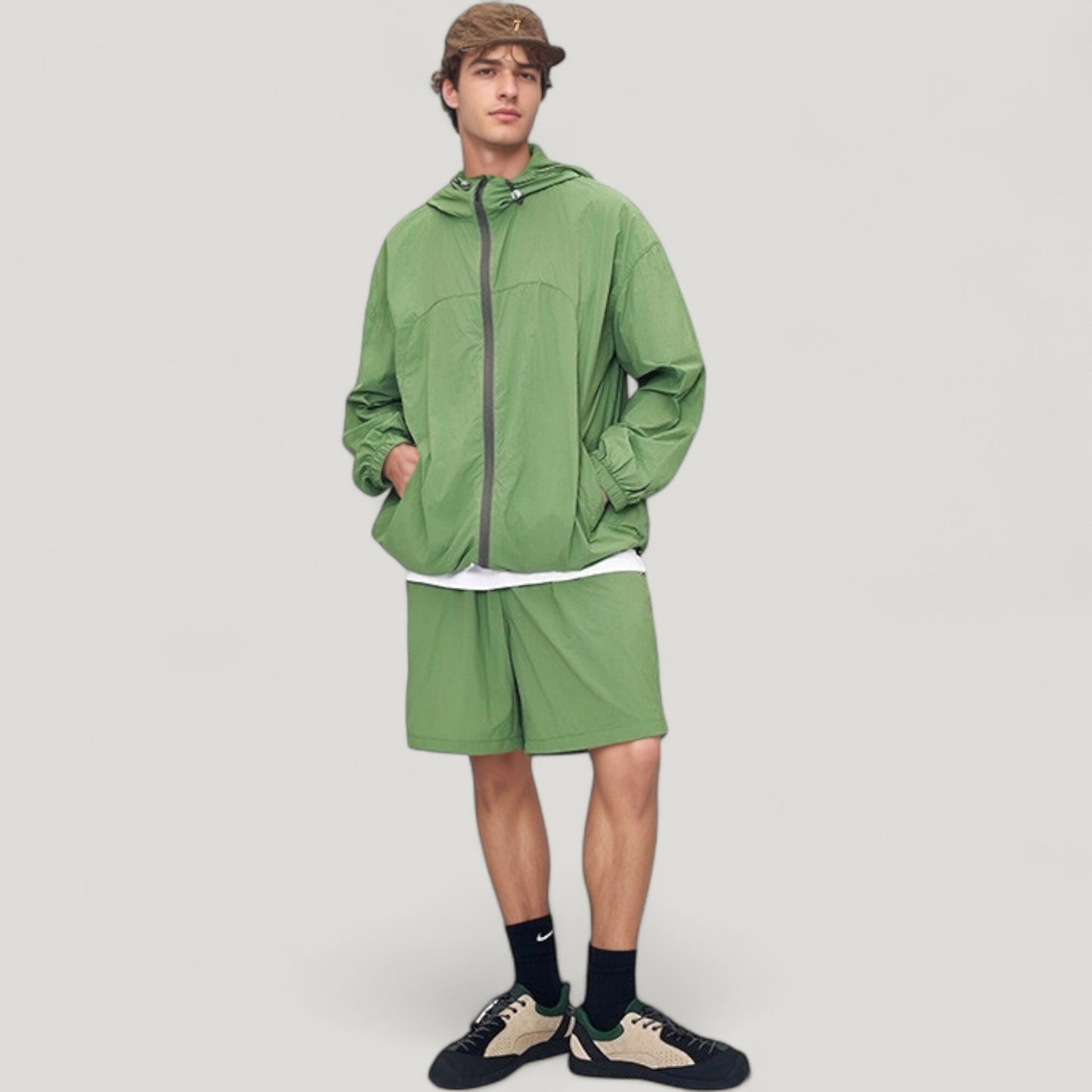 Men's Lightweight Full Zip Hooded Sun Protection Jacket with Adjustable Drawstring and Relaxed Fit