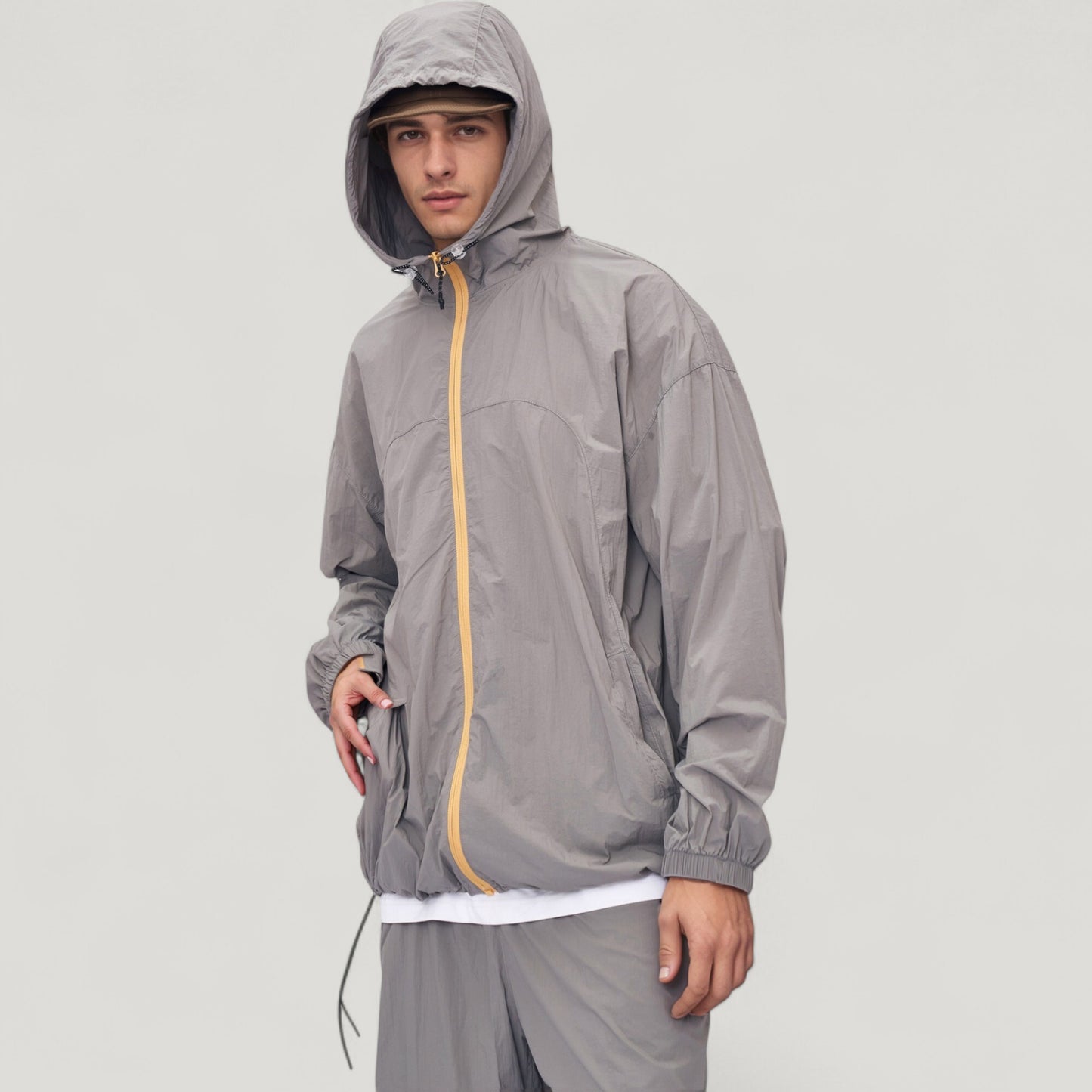 Men's Lightweight Full Zip Hooded Sun Protection Jacket with Adjustable Drawstring and Relaxed Fit