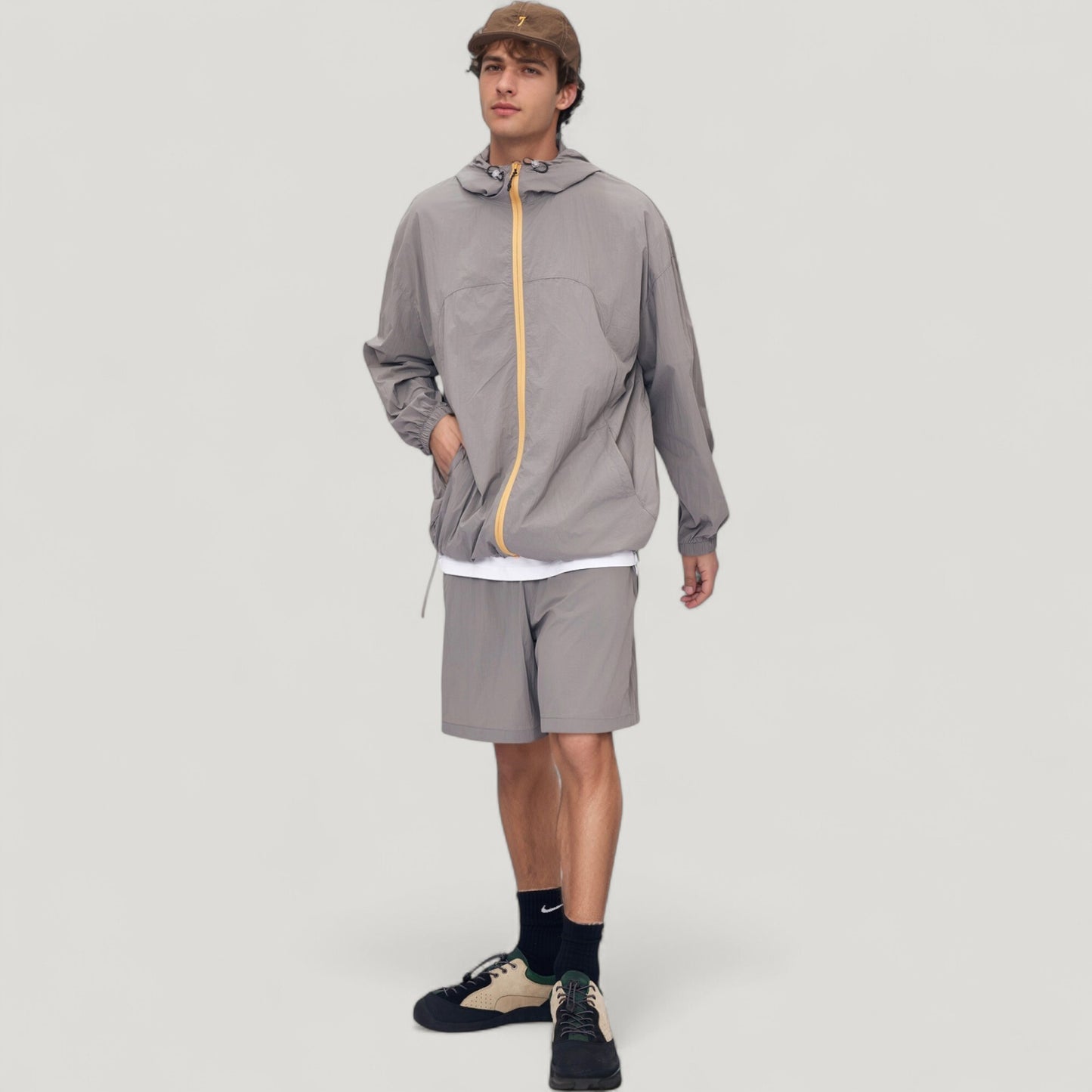 Men's Lightweight Full Zip Hooded Sun Protection Jacket with Adjustable Drawstring and Relaxed Fit