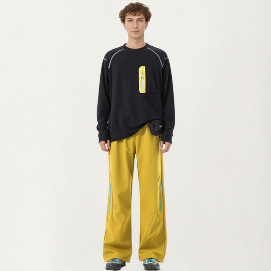 Men's Long Sleeve Crew Neck Pullover Top with Textured Knit Fabric and Zipper Chest Pocket
