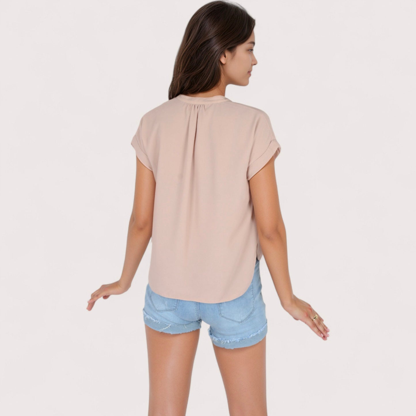 Women's V-Neck Short Sleeve Blouse with Rolled Cuffs and Soft Pleated Collar Detail - Small, Green