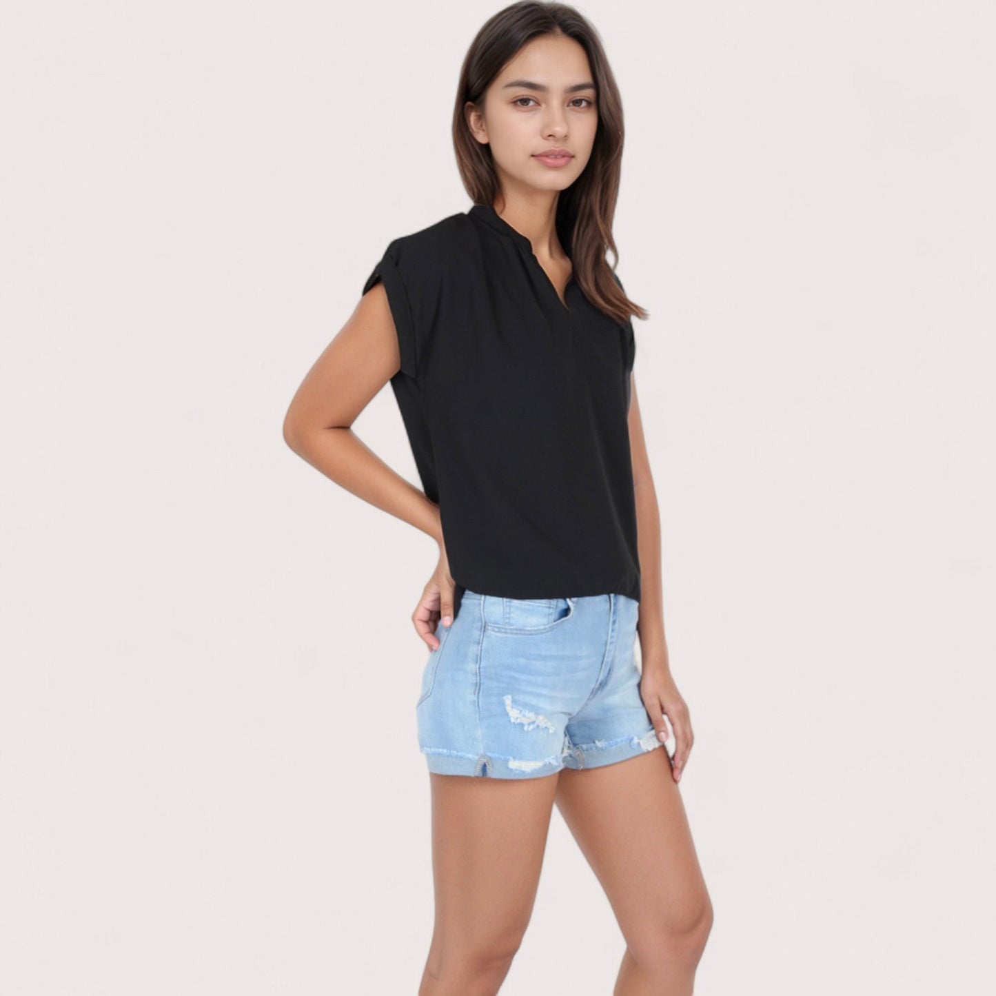 Women's V-Neck Short Sleeve Blouse with Rolled Cuffs and Soft Pleated Collar Detail - Small, Green
