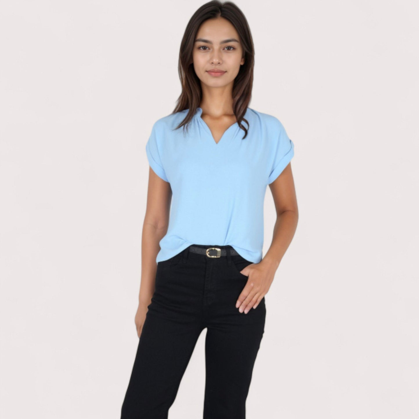 Women's V-Neck Short Sleeve Blouse with Rolled Cuffs and Soft Pleated Collar Detail - Small, Green