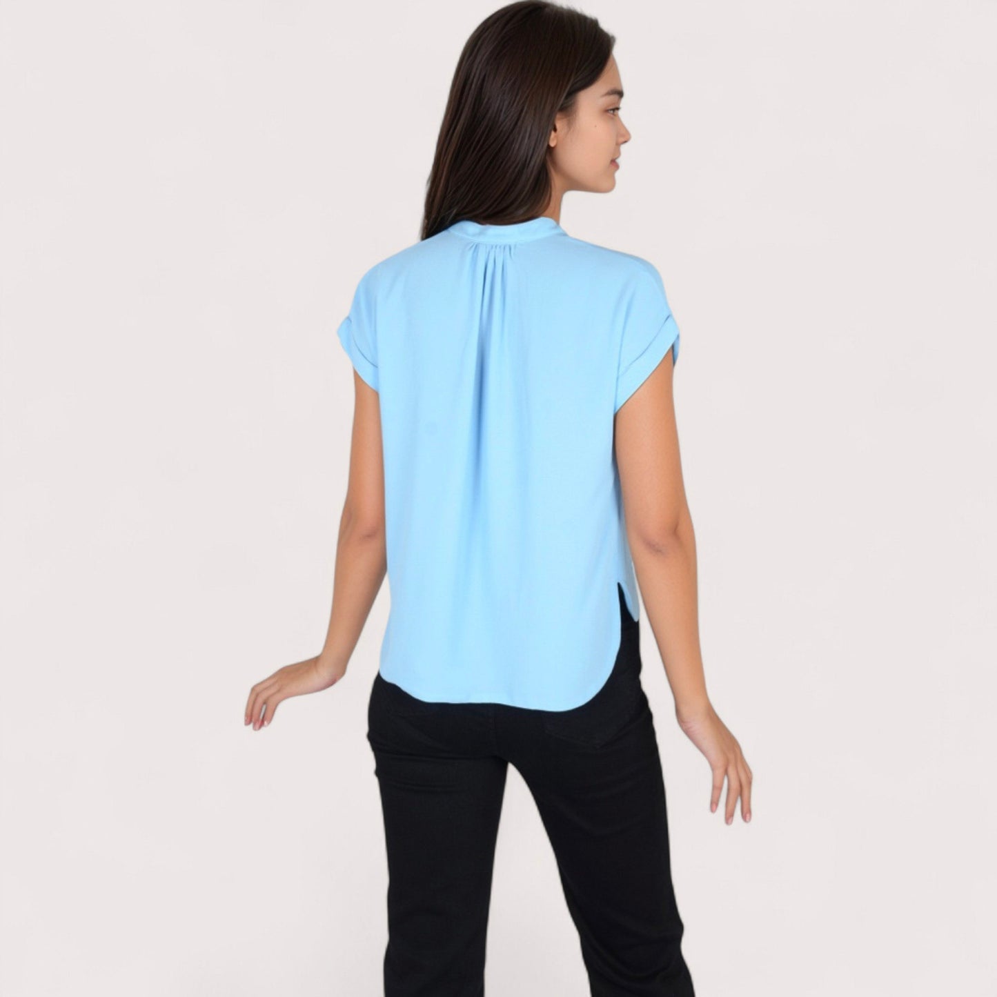 Women's V-Neck Short Sleeve Blouse with Rolled Cuffs and Soft Pleated Collar Detail - Small, Green