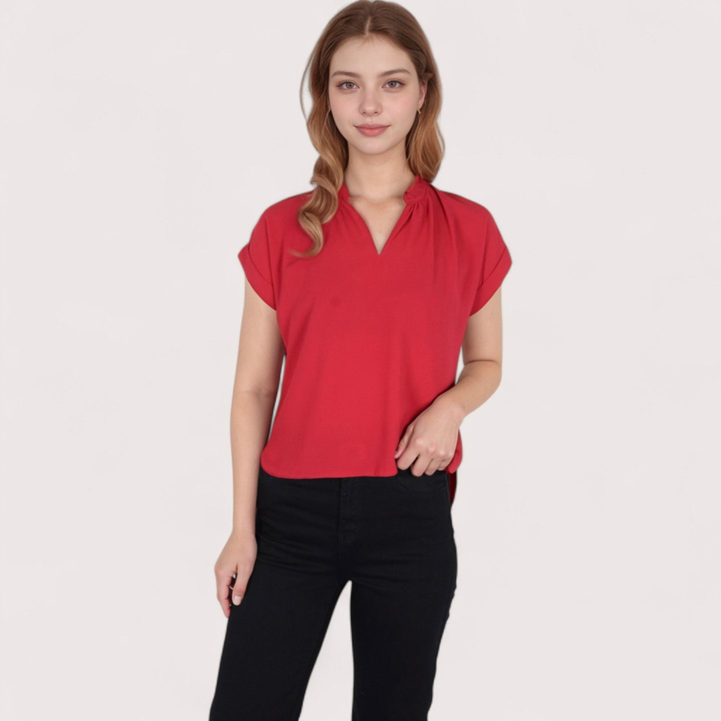 Women's V-Neck Short Sleeve Blouse with Rolled Cuffs and Soft Pleated Collar Detail - Small, Green