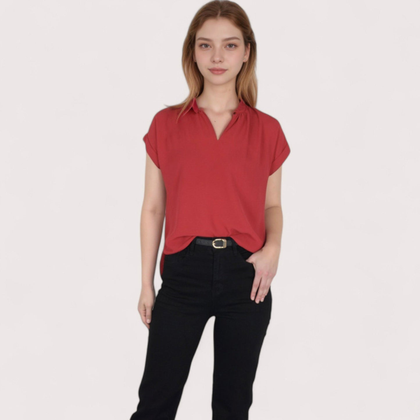 Women's V-Neck Short Sleeve Blouse with Rolled Cuffs and Soft Pleated Collar Detail - Small, Green