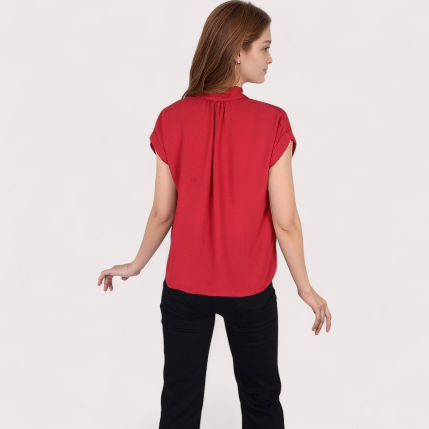 Women's V-Neck Short Sleeve Blouse with Rolled Cuffs and Soft Pleated Collar Detail - Small, Green
