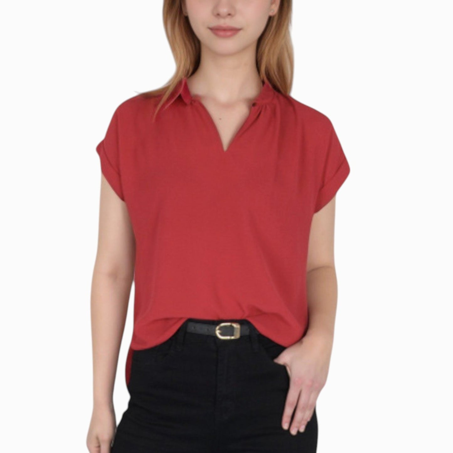 Women's V-Neck Short Sleeve Blouse with Rolled Cuffs and Soft Pleated Collar Detail - Small, Green