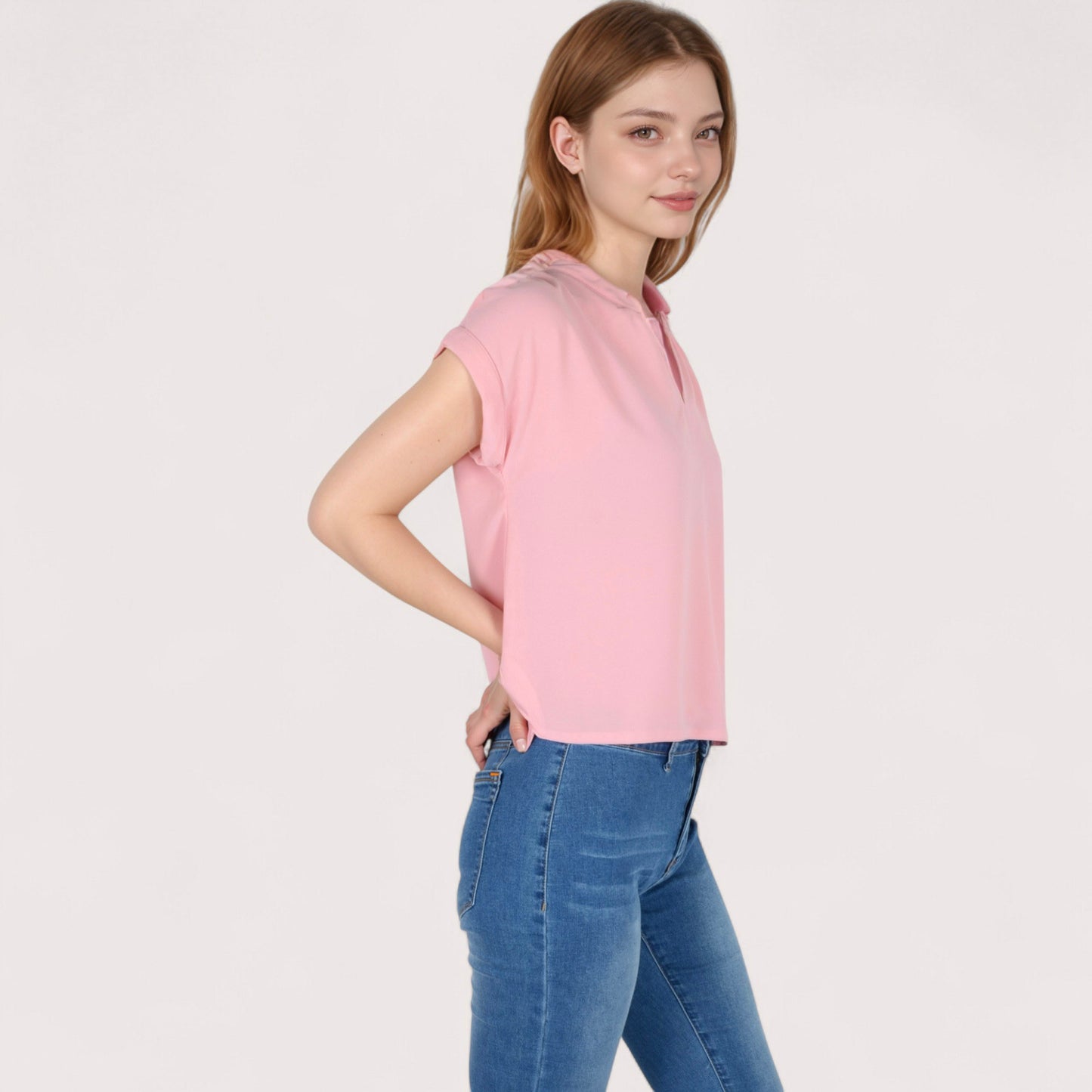 Women's V-Neck Short Sleeve Blouse with Rolled Cuffs and Soft Pleated Collar Detail - Small, Green
