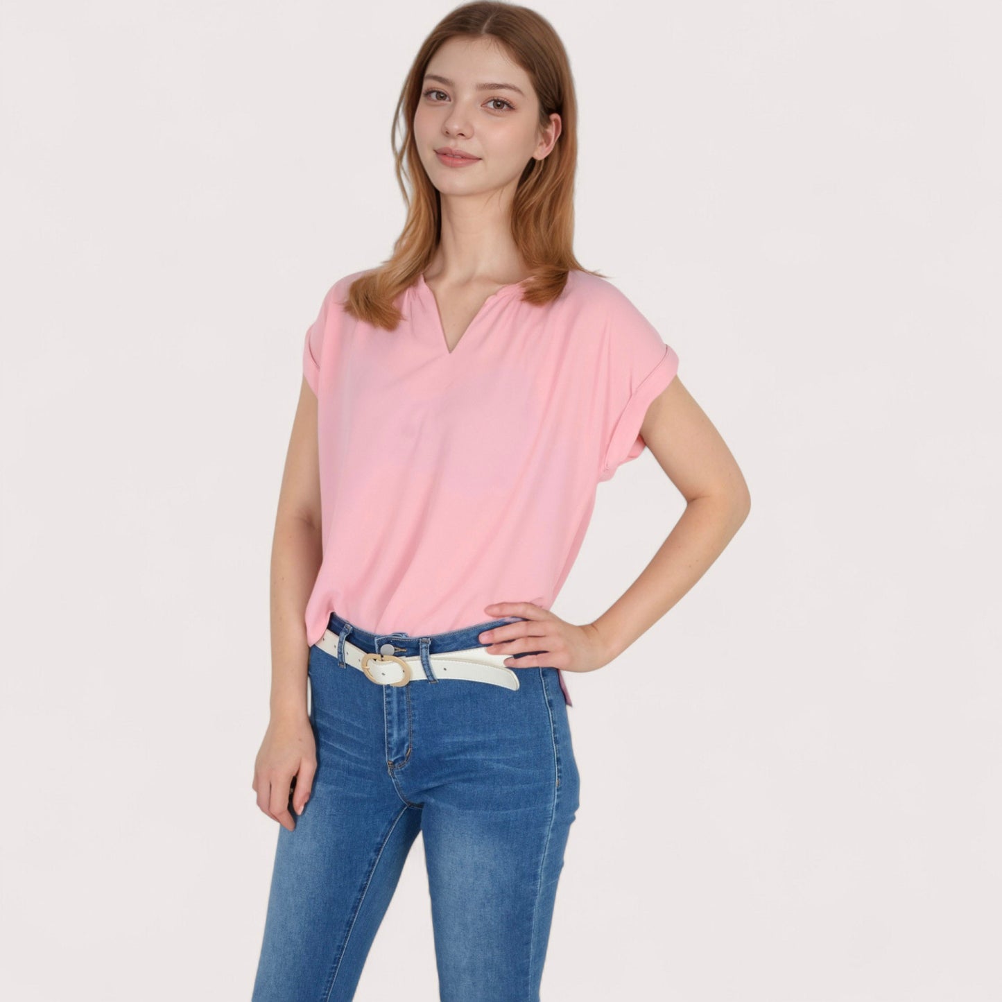Women's V-Neck Short Sleeve Blouse with Rolled Cuffs and Soft Pleated Collar Detail - Small, Green