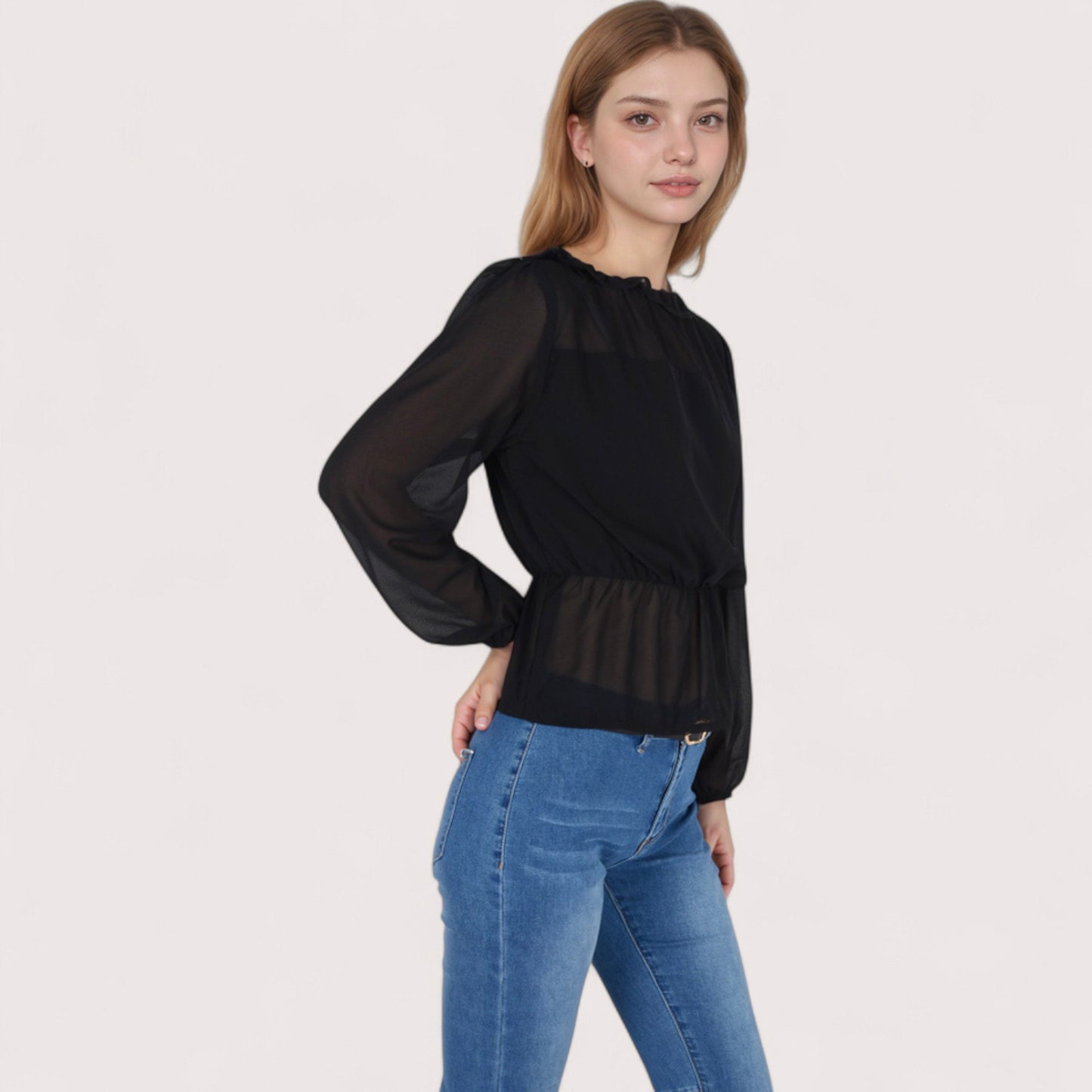 Women's Sheer Yoke Long Sleeve Blouse with Ruffle Neckline and Cinched Waist Detail - Small, Green