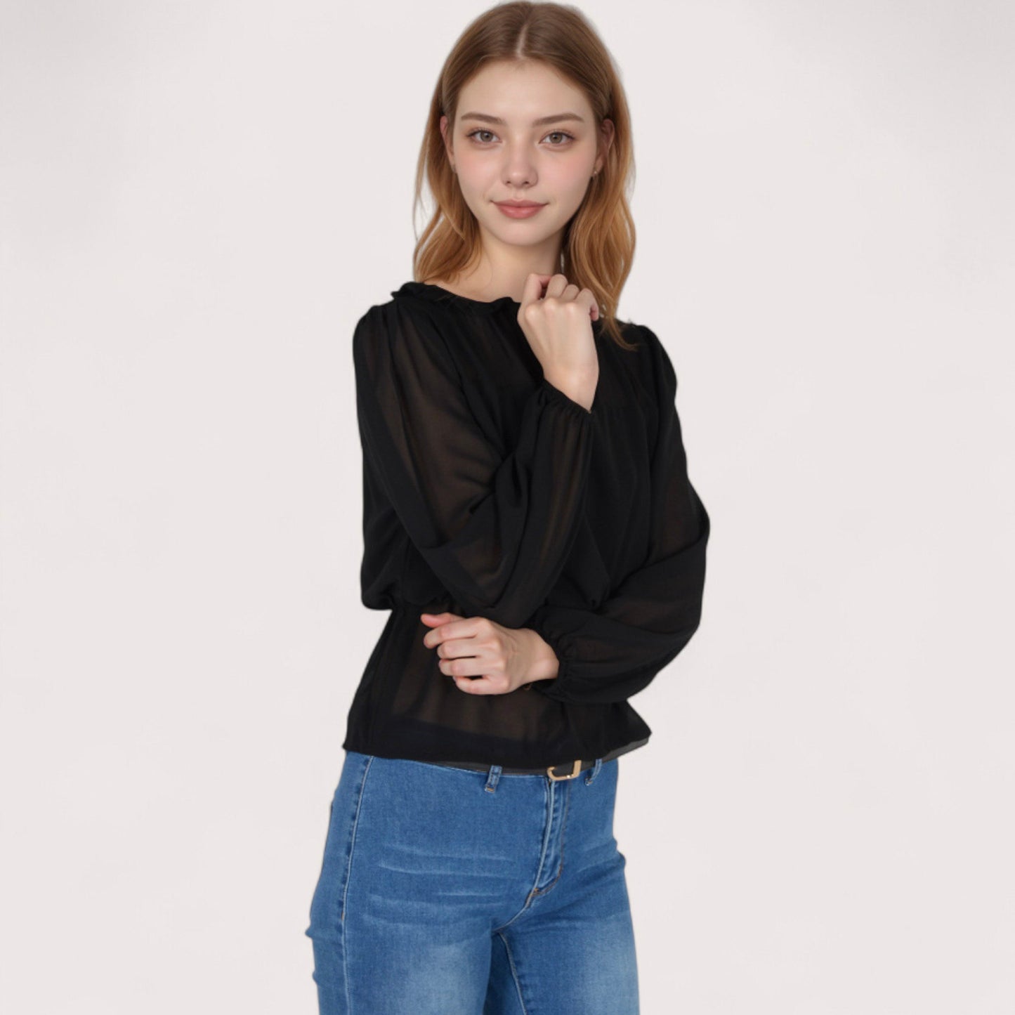 Women's Sheer Yoke Long Sleeve Blouse with Ruffle Neckline and Cinched Waist Detail - Small, Green