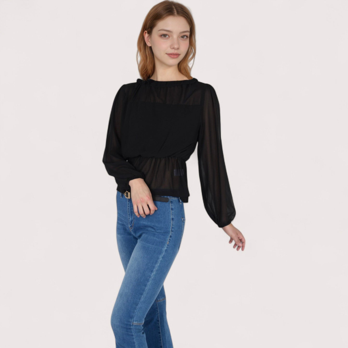 Women's Sheer Yoke Long Sleeve Blouse with Ruffle Neckline and Cinched Waist Detail - Small, Green