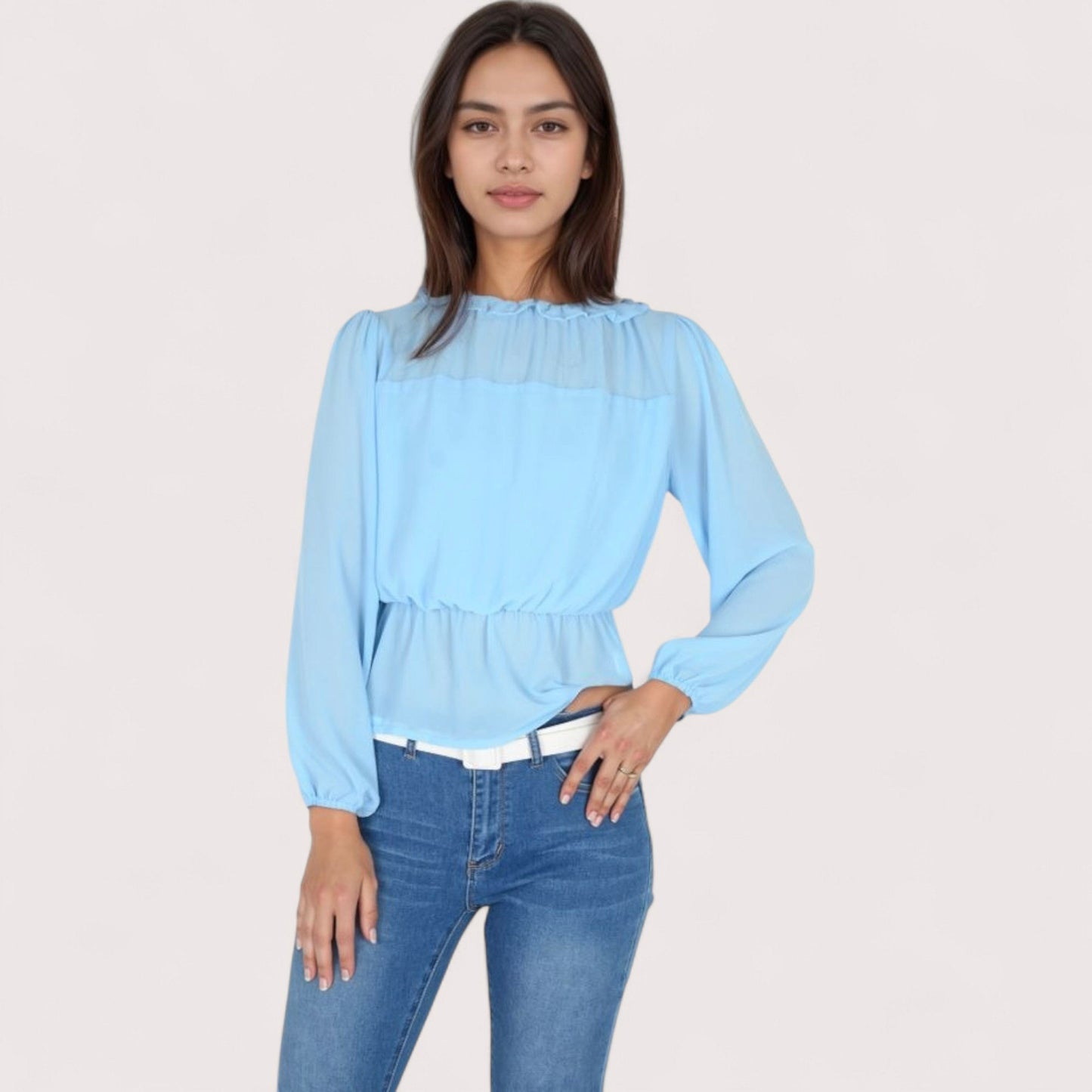 Women's Sheer Yoke Long Sleeve Blouse with Ruffle Neckline and Cinched Waist Detail - Small, Green