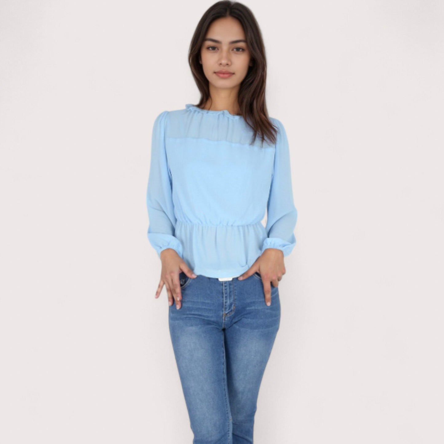 Women's Sheer Yoke Long Sleeve Blouse with Ruffle Neckline and Cinched Waist Detail - Small, Green