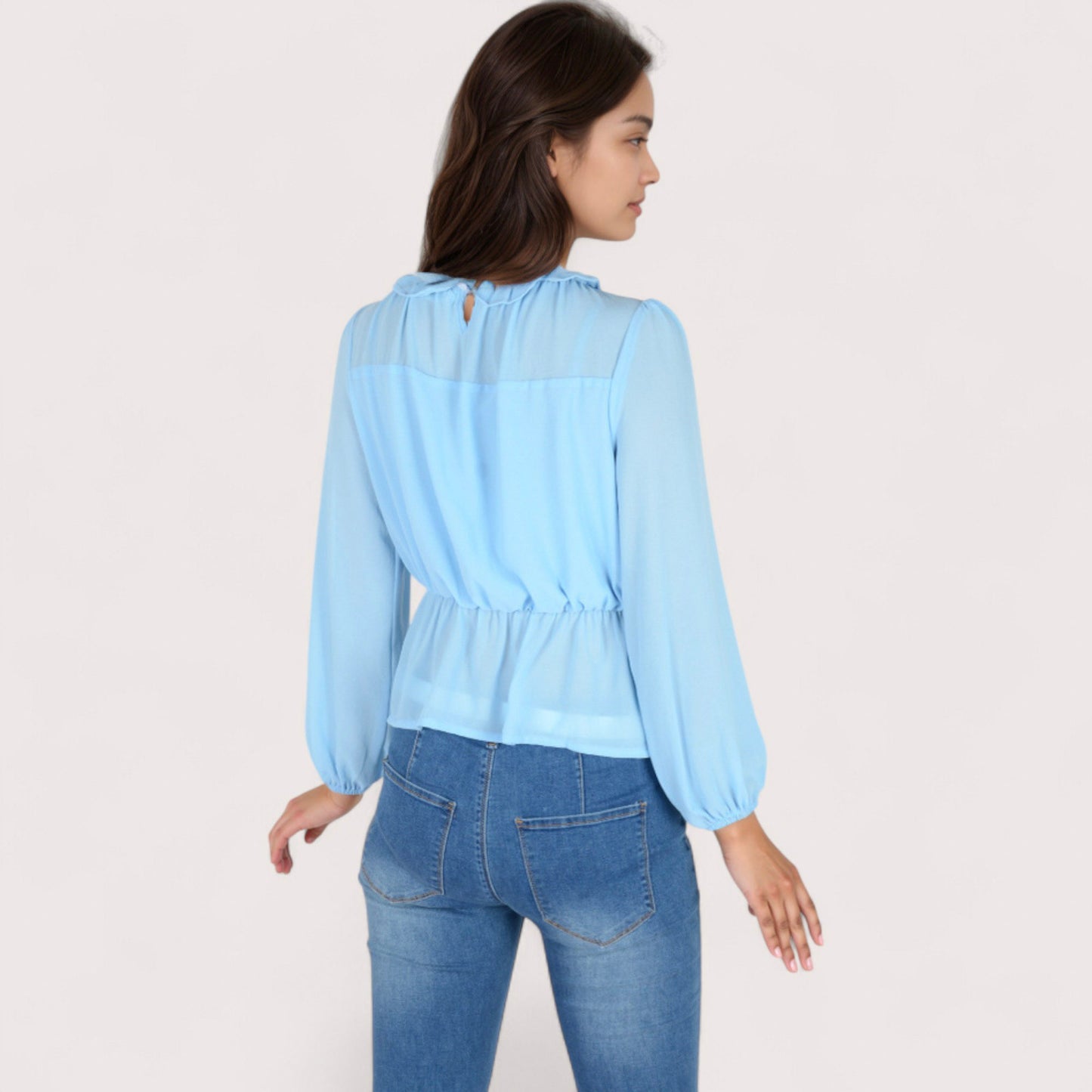 Women's Sheer Yoke Long Sleeve Blouse with Ruffle Neckline and Cinched Waist Detail - Small, Green