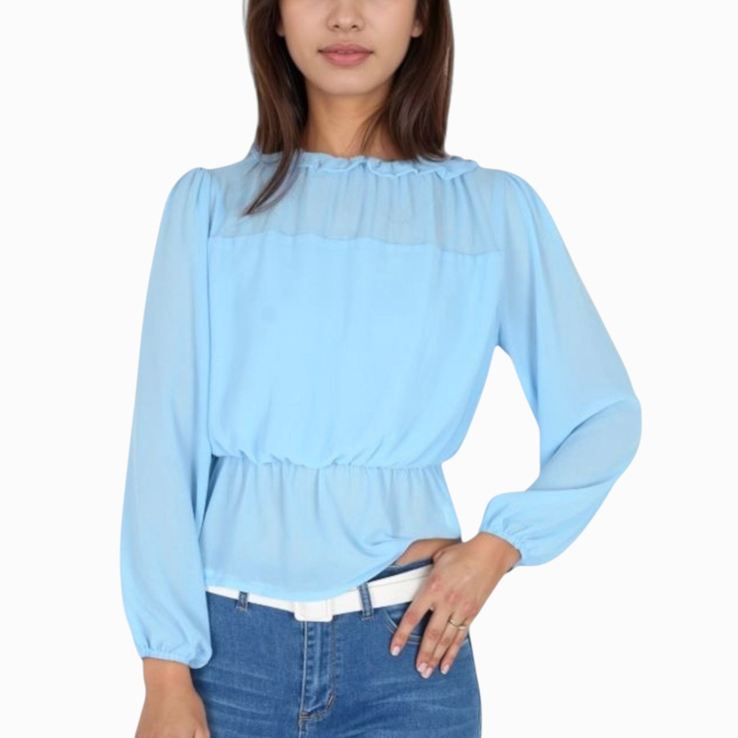 Women's Sheer Yoke Long Sleeve Blouse with Ruffle Neckline and Cinched Waist Detail - Small, Green