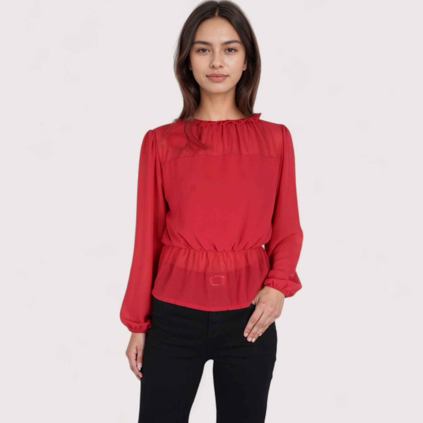 Women's Sheer Yoke Long Sleeve Blouse with Ruffle Neckline and Cinched Waist Detail - Small, Green