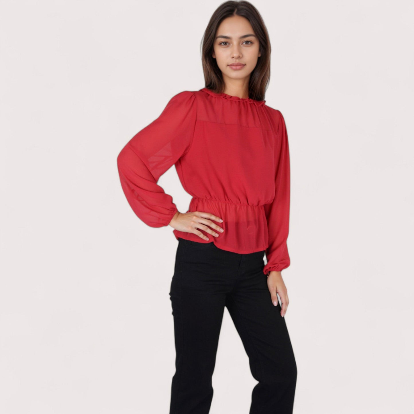 Women's Sheer Yoke Long Sleeve Blouse with Ruffle Neckline and Cinched Waist Detail - Small, Green