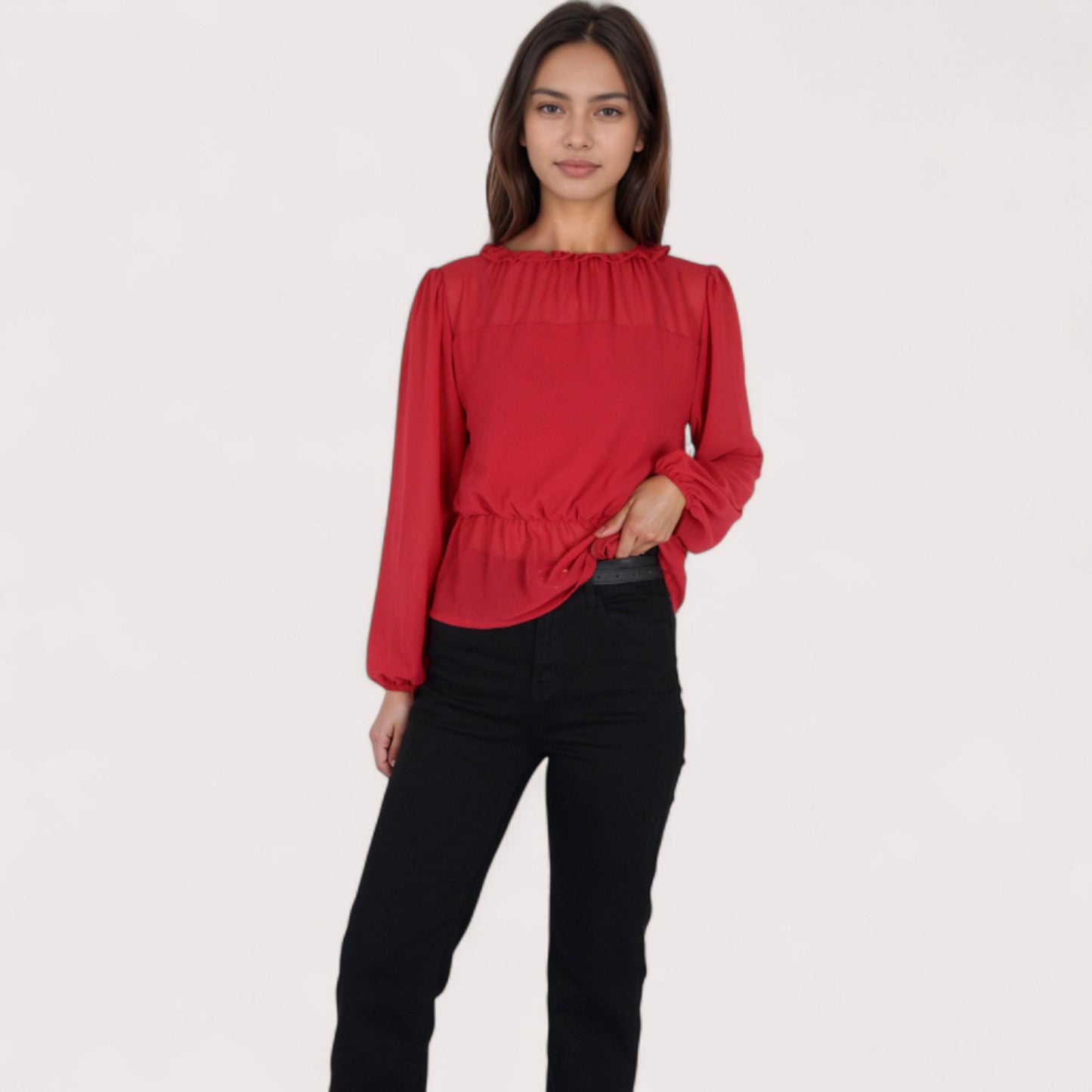Women's Sheer Yoke Long Sleeve Blouse with Ruffle Neckline and Cinched Waist Detail - Small, Green