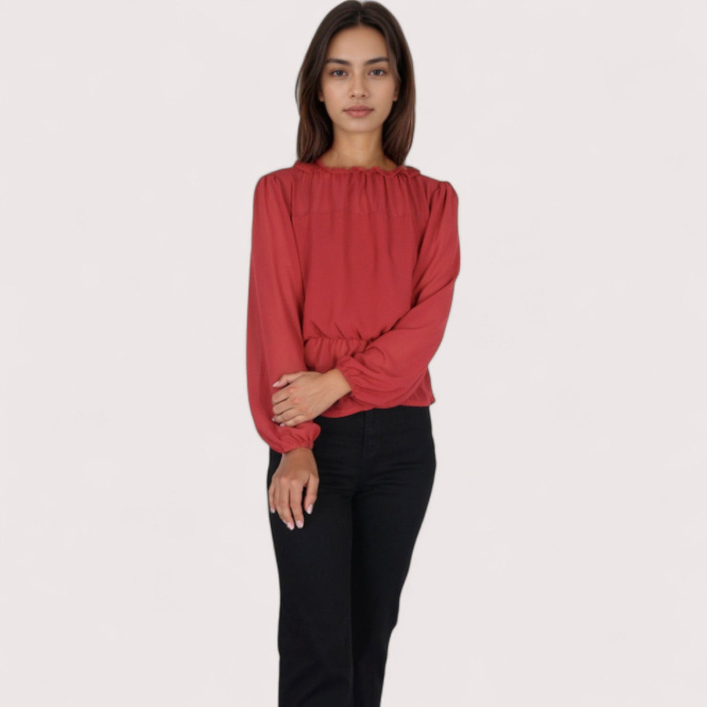 Women's Sheer Yoke Long Sleeve Blouse with Ruffle Neckline and Cinched Waist Detail - Small, Green
