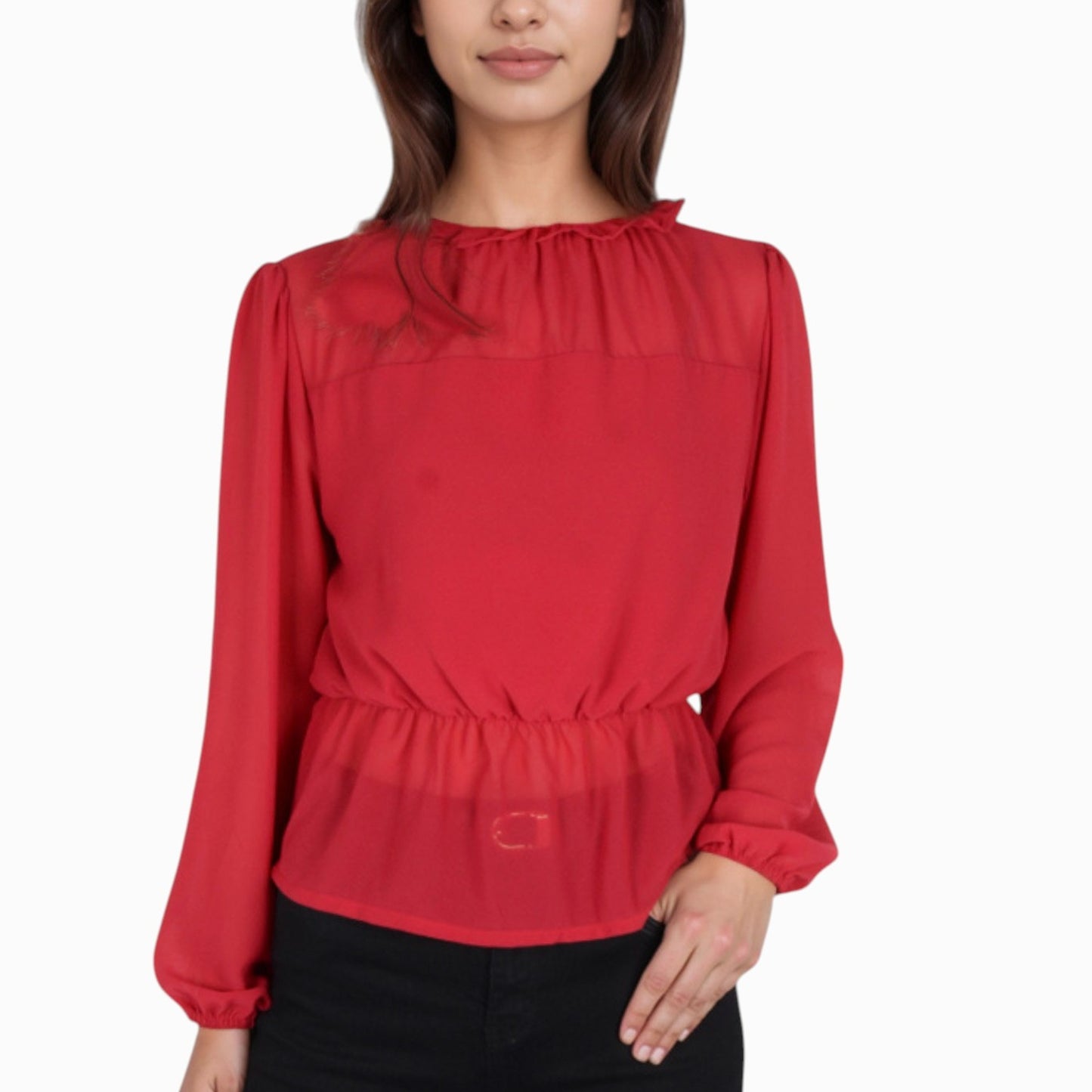 Women's Sheer Yoke Long Sleeve Blouse with Ruffle Neckline and Cinched Waist Detail - Small, Green