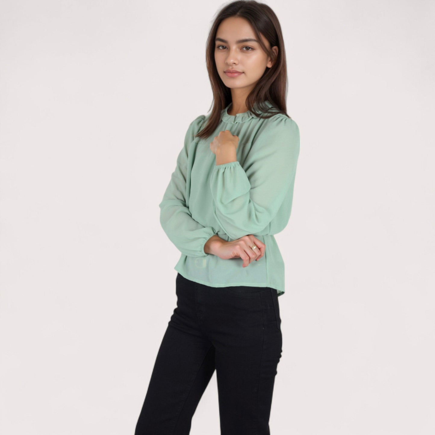 Women's Sheer Yoke Long Sleeve Blouse with Ruffle Neckline and Cinched Waist Detail - Small, Green