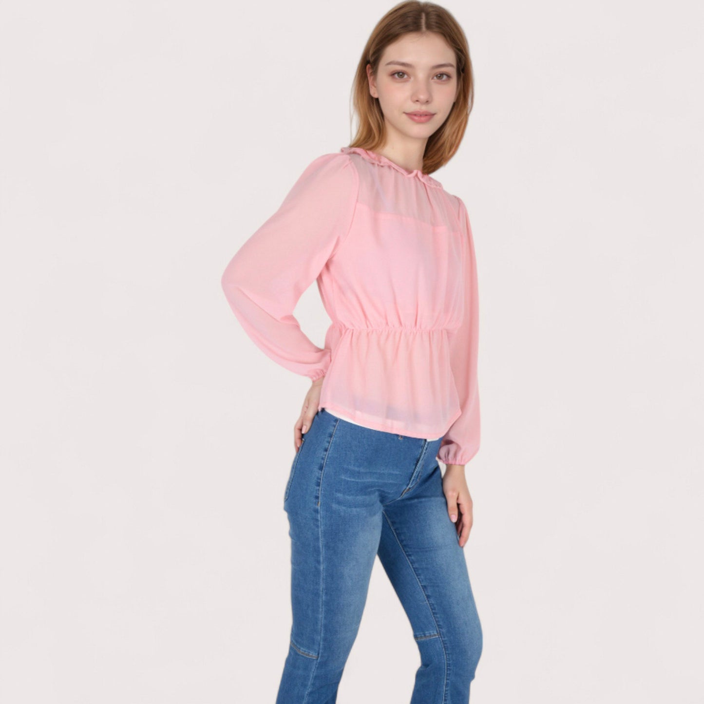 Women's Sheer Yoke Long Sleeve Blouse with Ruffle Neckline and Cinched Waist Detail - Small, Green