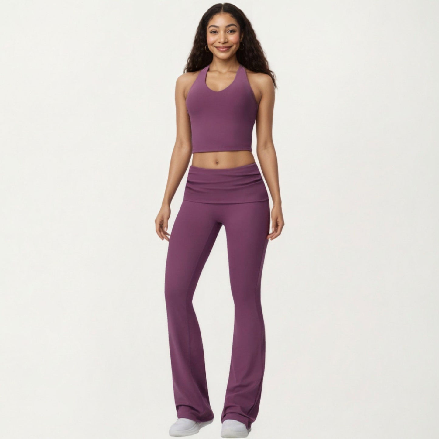 Foldover Waist Flare Leggings with Smooth Stretch Knit Fabric