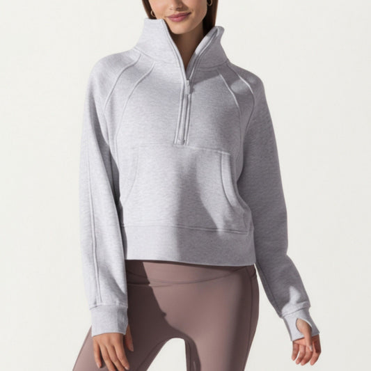 Long Sleeve Half Zip Pullover Sweatshirt with High Collar and Kangaroo Pocket Design