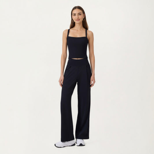 High Waist Wide Leg Sweatpants with Side Pockets and Smooth Stretch Fabric