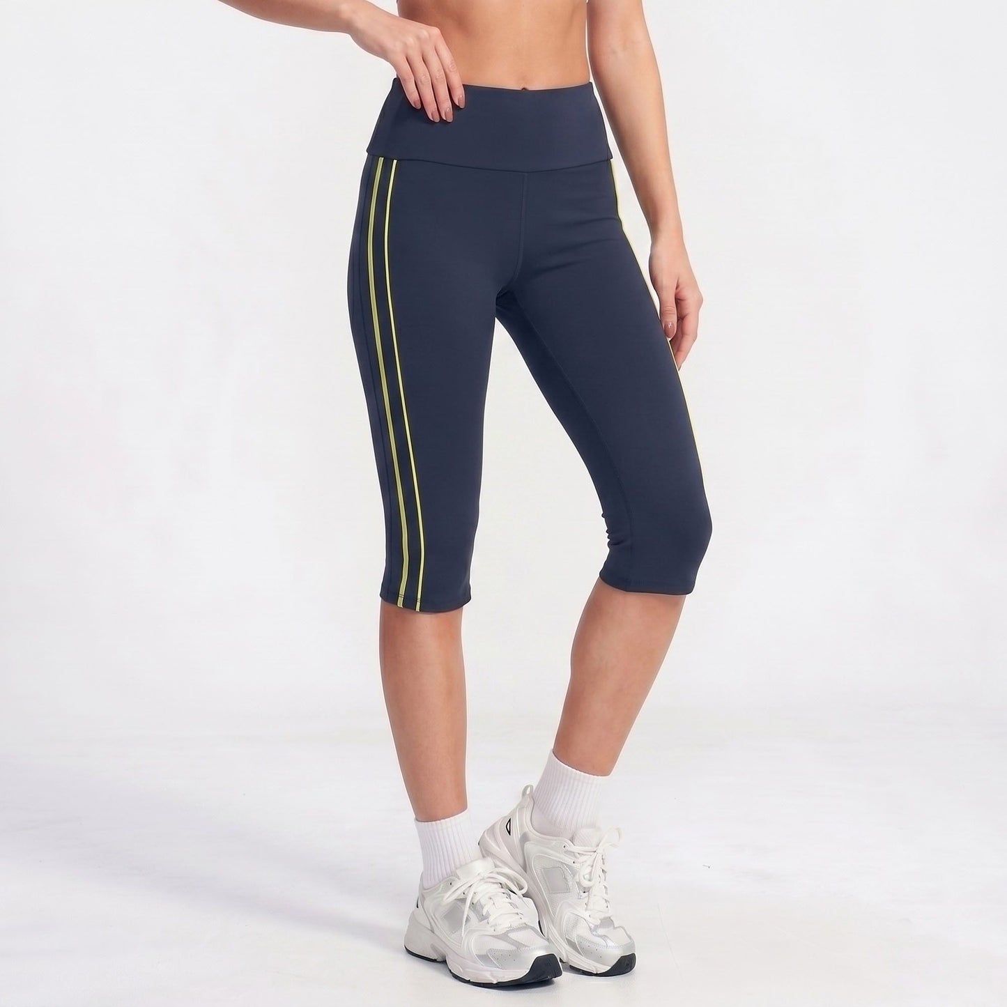 High Waist Side Stripe Capri Leggings Wide Waistband Cropped Workout Yoga Pants