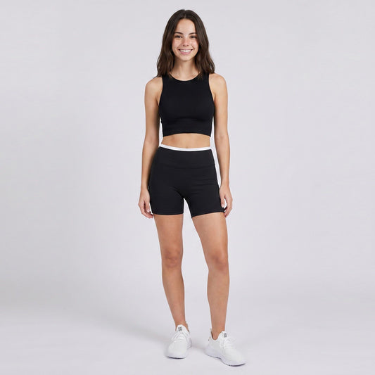 High Waist Biker Shorts with Wide Waistband Mid Thigh Length Smooth Stretch Fit and Pull On Activewear Design