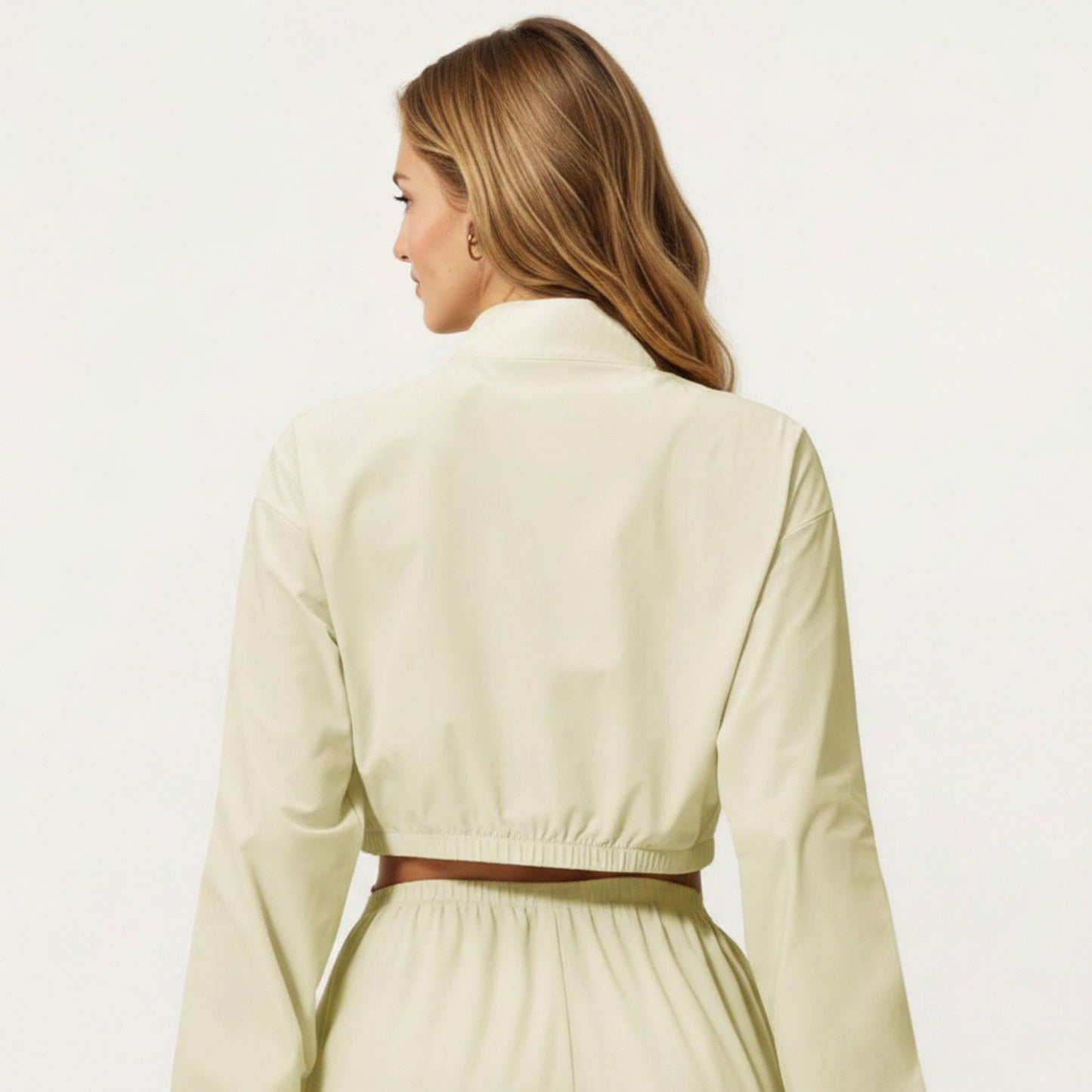 Cropped Zip Front Jacket with Elastic Hem and Long Sleeves