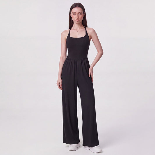 Sleeveless Halter Neck Wide Leg Jumpsuit with Ribbed Bodice Gathered Waist and Flowy Pants