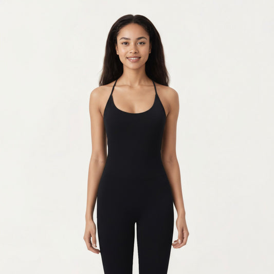 Scoop Neck Full-Length Activewear Bodysuit with Spaghetti Straps